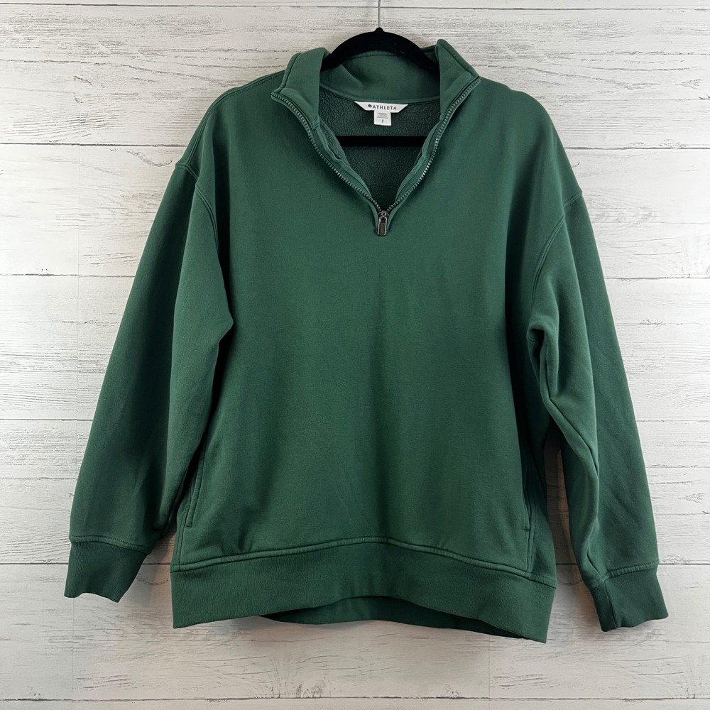 Athleta Coaster Luxe Sweatshirt Womens Small Green Quarter Zip Fleece Pullover